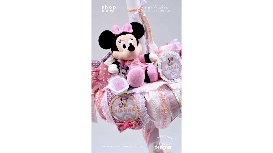 Lumanare cu Minnie Mouse Racer personalizata cu paiete roz si lila 5